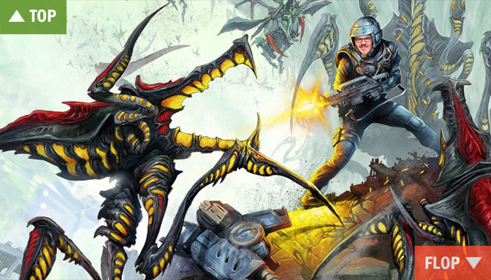 Collage aus Artwork Starship Troopers Ultimate Bug War und M! Redakteur Gesicht