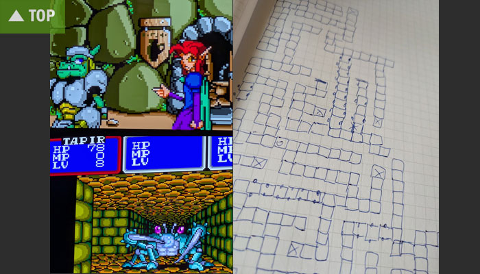 Mega-Drive-Spiel Shining in the Darkness und handgezeichnete Karte auf Karopapier