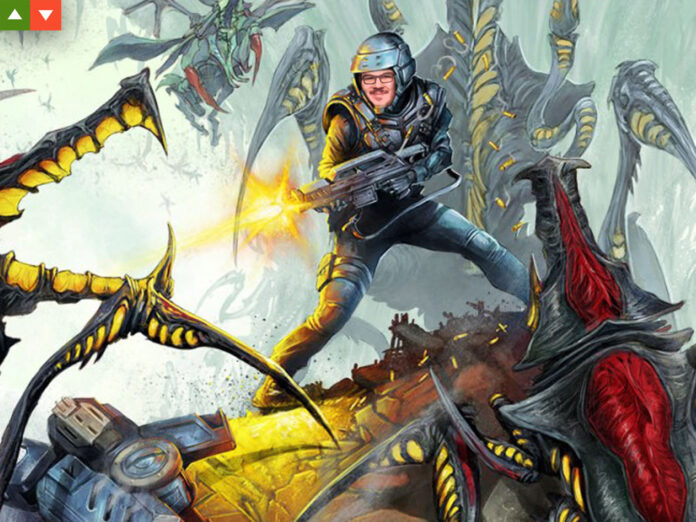 Collage aus Artwork Starship Troopers Ultimate Bug War und M! Redakteur Gesicht
